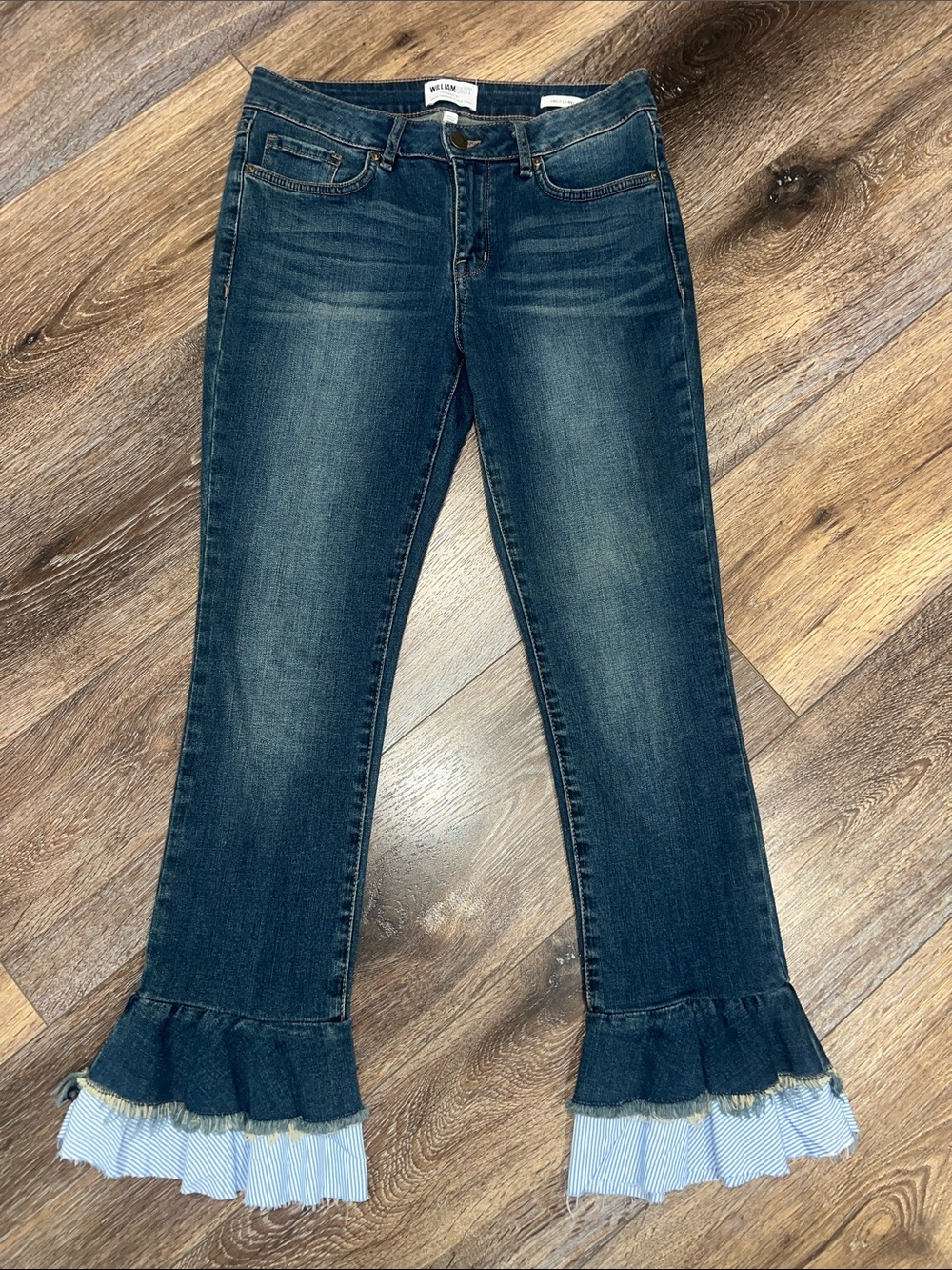 William Rast Cropped Skinny Jeans W/ Double Layered Flared Striped Ruffle Hem 🦋